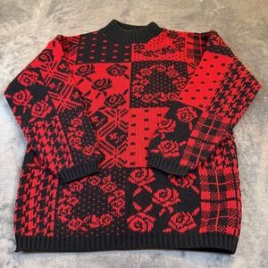Separate Issue Patchwork Rose Sweater Mens Large Red Black Knit Pullover
